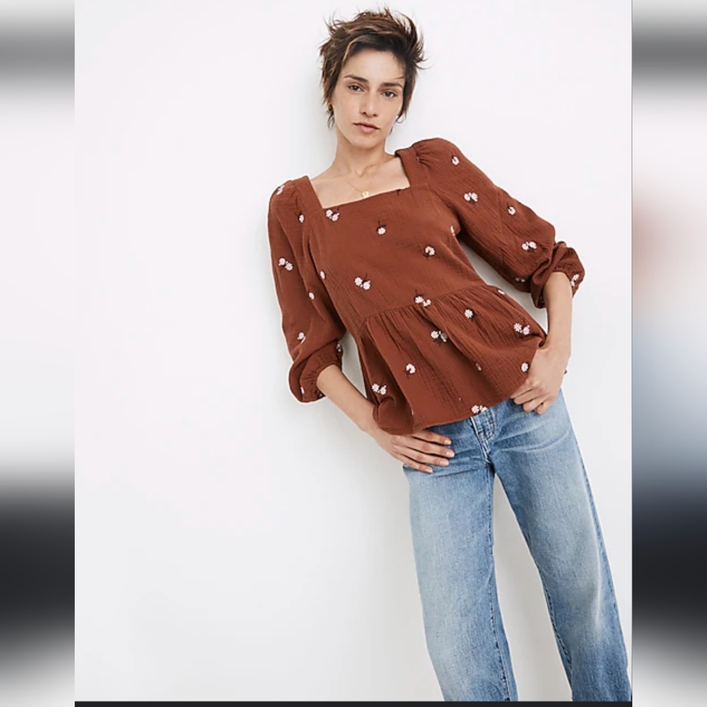 Madewell Amie Floral Embroidered Lightspun Millbrook Puff-Sleeve Peplum Top